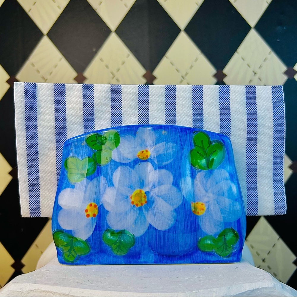 Hand-Painted Ceramic Napkin Holder Blue‎ Floral Cottage Décor - Picture 8 of 9